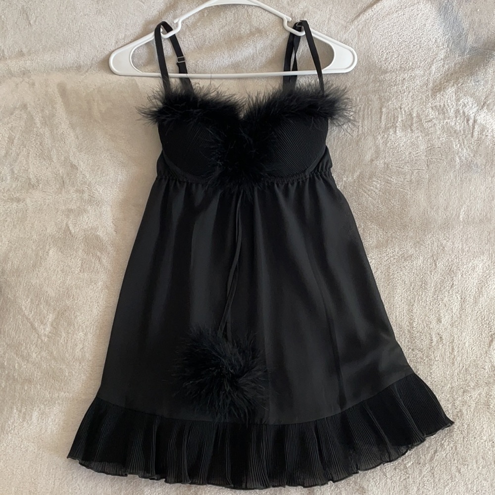 See through lingerie slip dress with fur accents size small